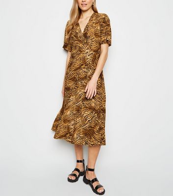 Brown Tiger Print Midi Wrap Dress | New Look